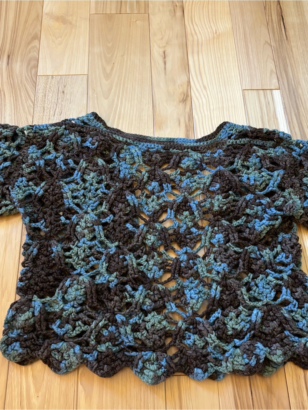 Boho Crochet Brown Blue Open Front Short Sleeve Handmade Top - Picture 6 of 8
